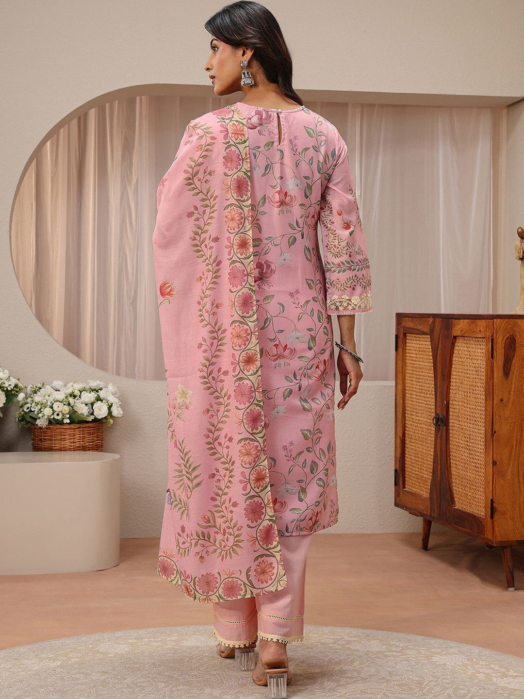 Pink Floral Printed Straight Suit Set