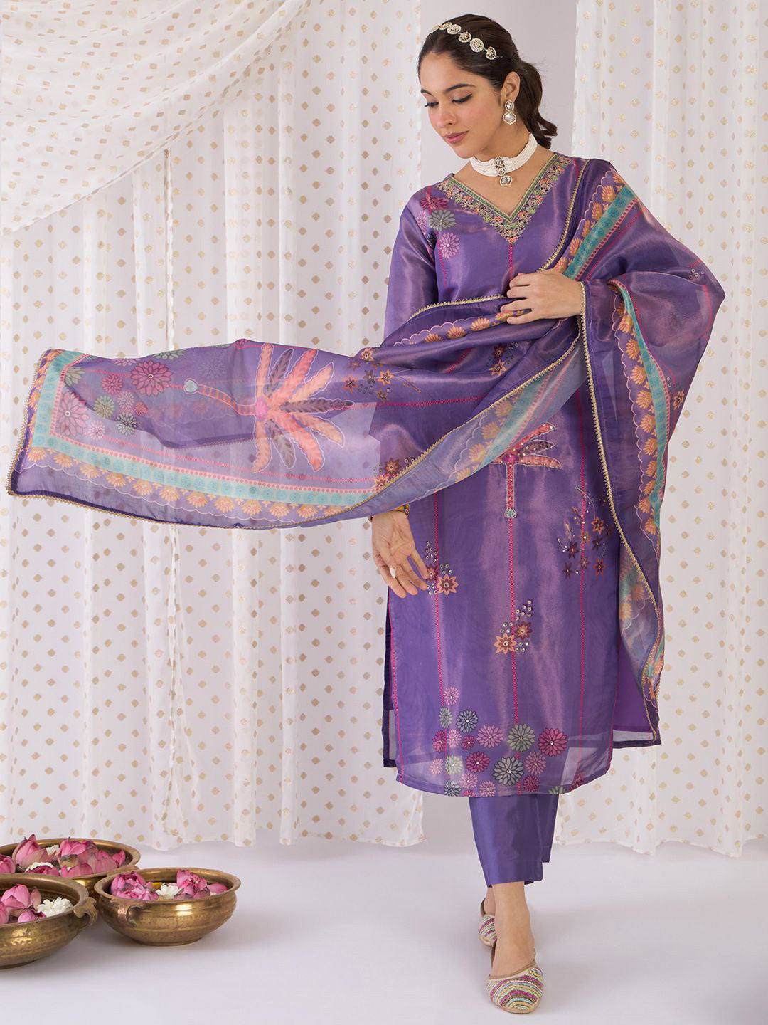 Floral Printed V-Neck Zari Straight Kurta With Trouser And Dupatta