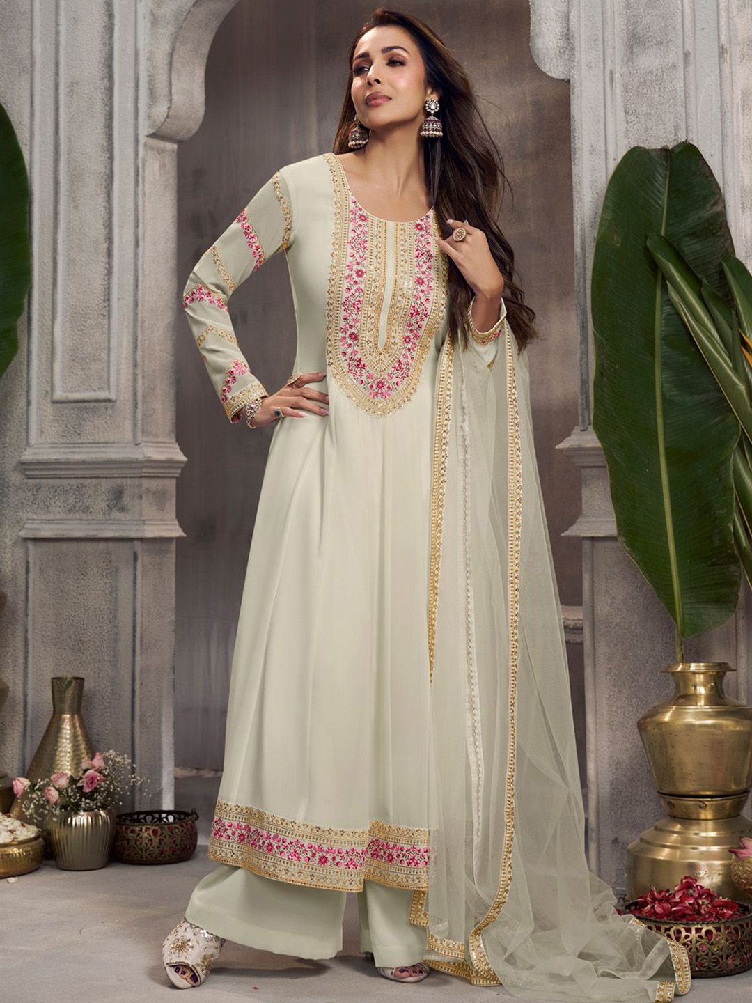 Dhiyona IN Women Floral Embroidered Anarkali Kurta with Palazzo & Dupatta