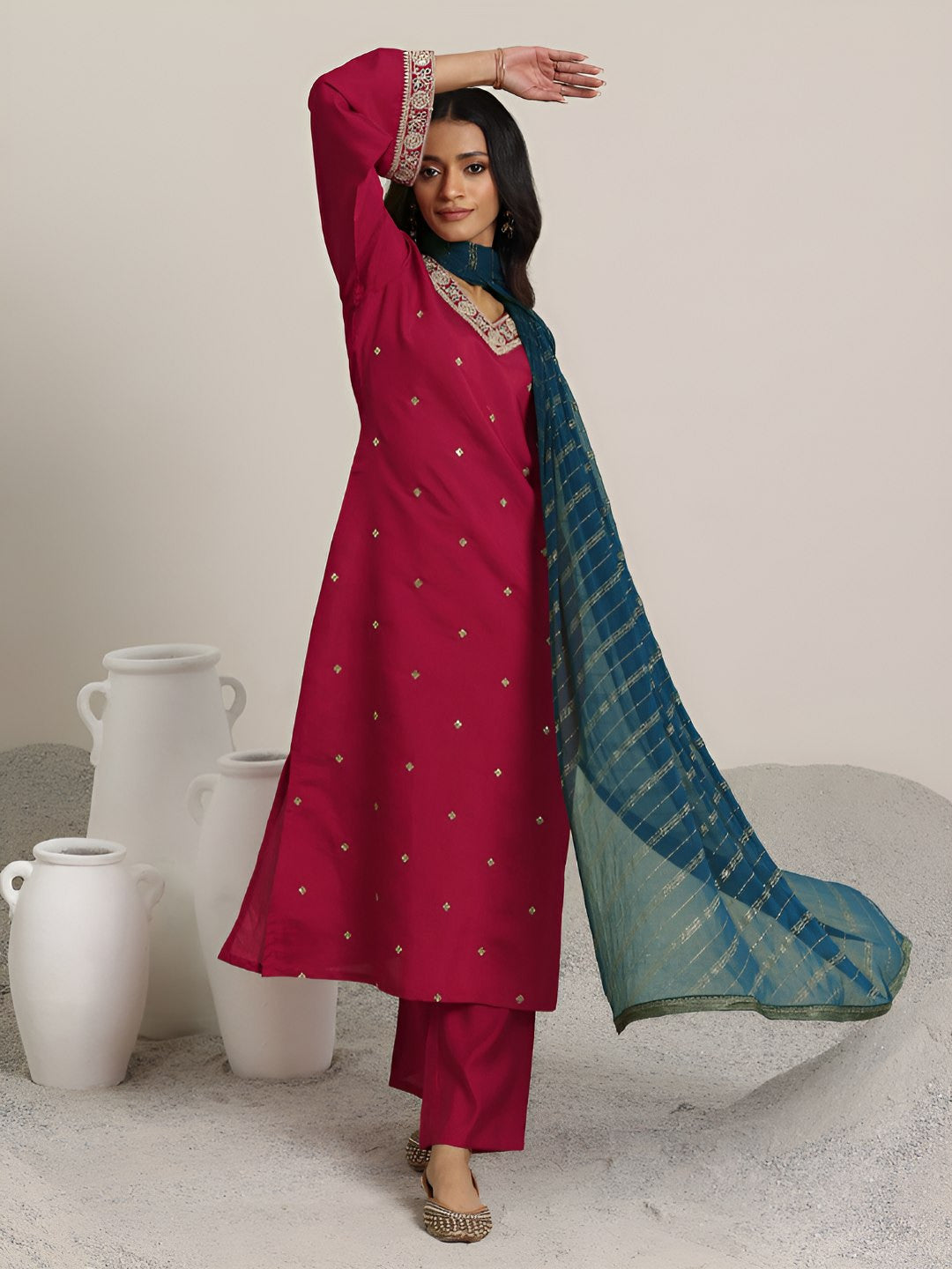Ethnic Motifs Embroidered V-Neck Straight Kurta With Trousers & Dupatta