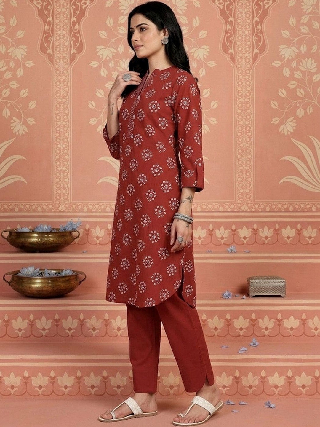 Printed Mandarin Collar Kurta & Trousers