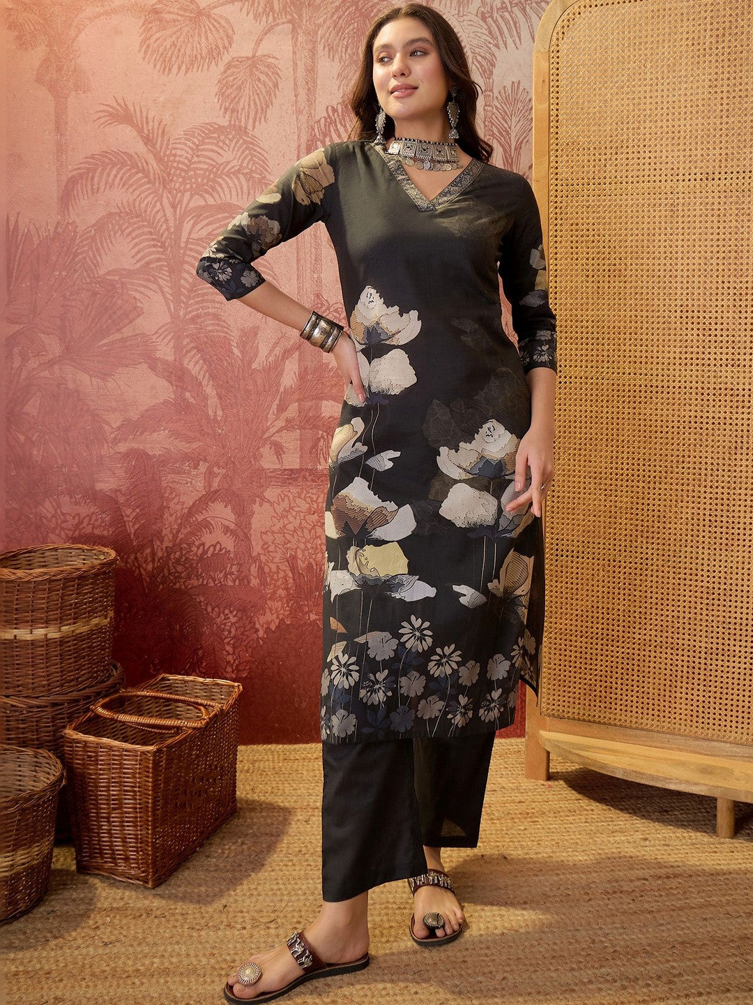 Printed Pure Cotton V-Neck Kurta & Trousers With Dupatta