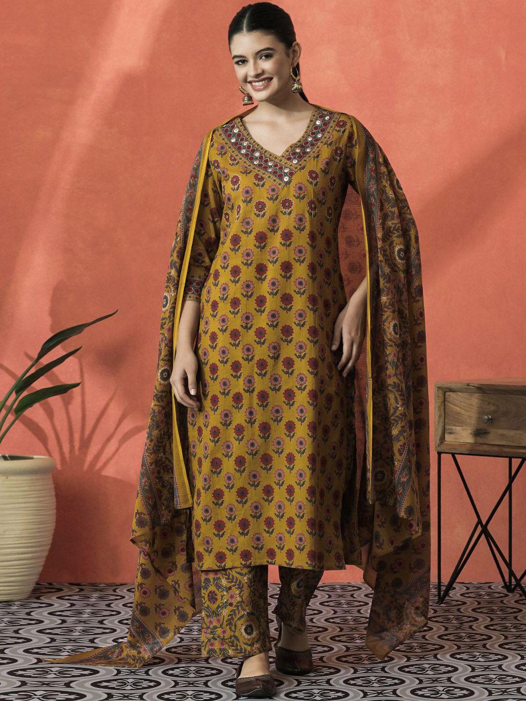 Dhiyona SN Women's Floral Printed V-Neck Beaded Pure Cotton Straight Kurta With Trouser And Dupatta