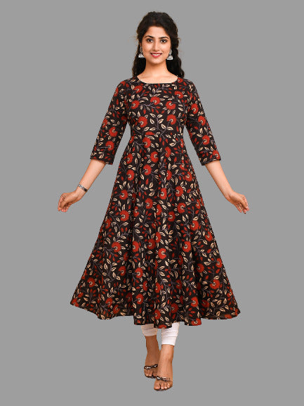 Black Floral Print Anarkali Kurta