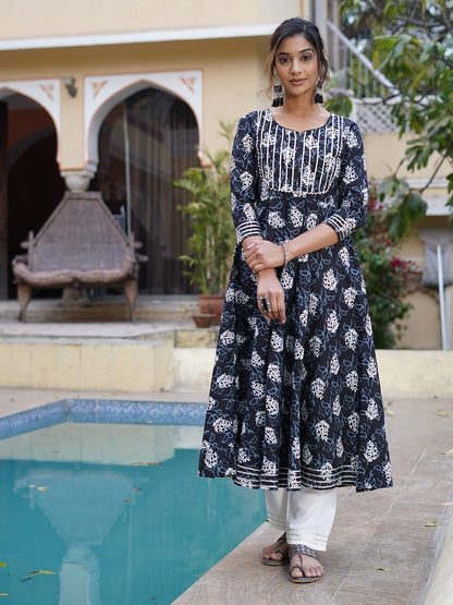 Black Gotta Work Printed Antalkali Kurta