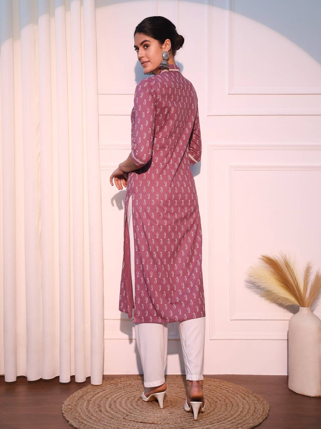 Mauve Ethnic Motifs Printed Pure Cotton Straight Kurta