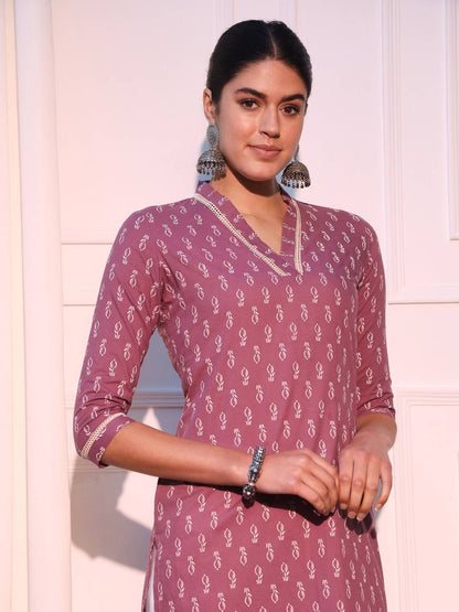 Mauve Ethnic Motifs Printed Pure Cotton Straight Kurta