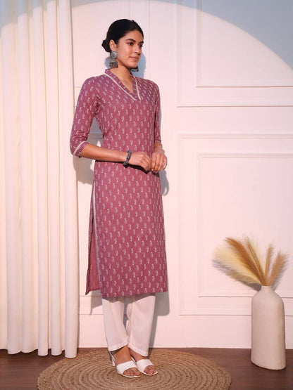 Mauve Ethnic Motifs Printed Pure Cotton Straight Kurta