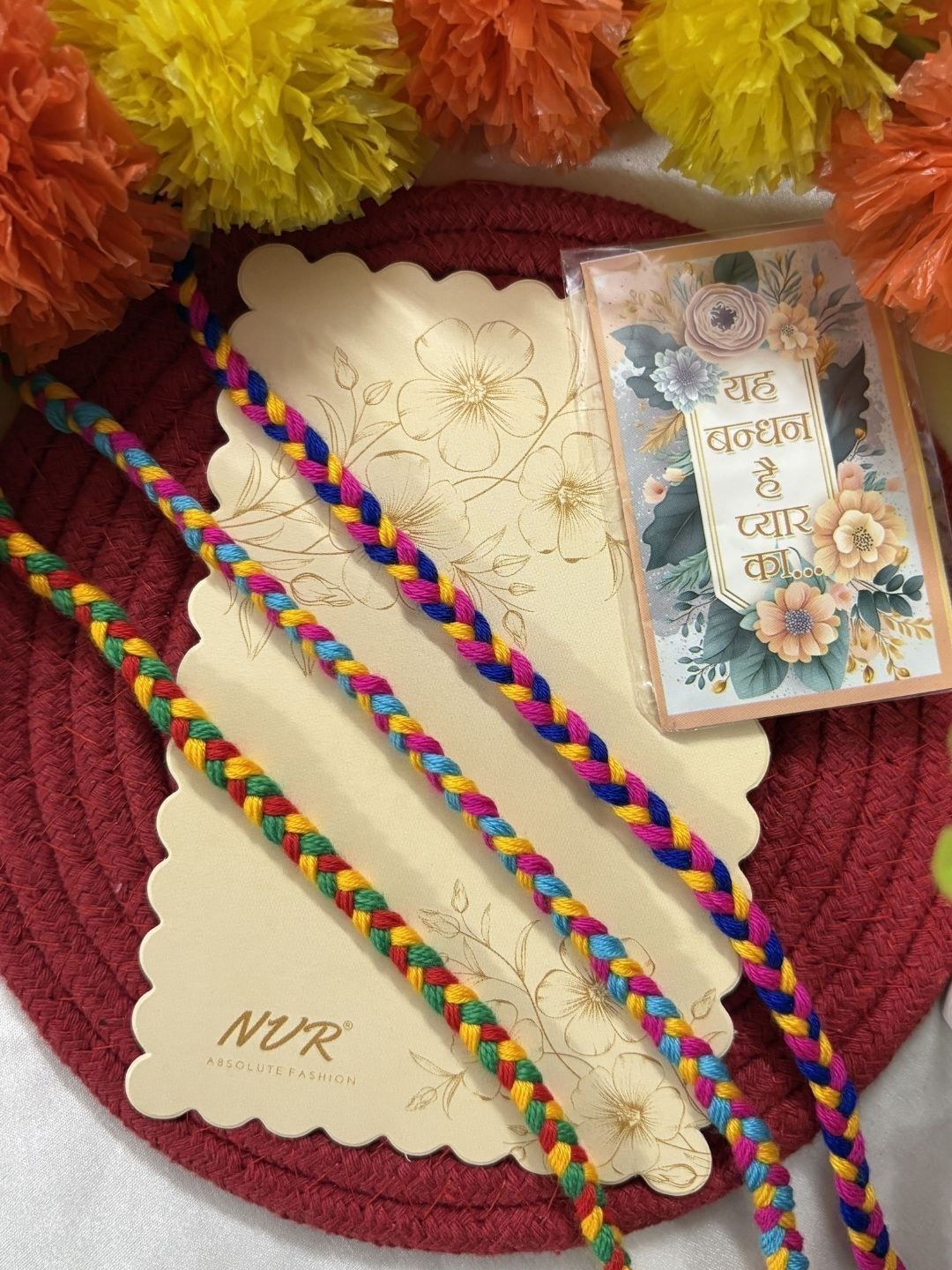 Dhiyona Set Of 3 Multicolor Thread Rakhi With Roli Chawal Chandan Mishri