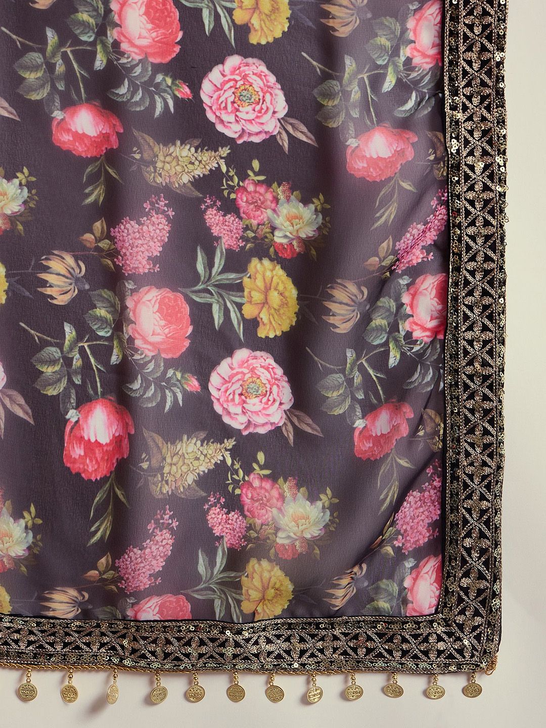 Dhiyona KL Floral Embroidered Sequinned Kurta With Sharara & Dupatta