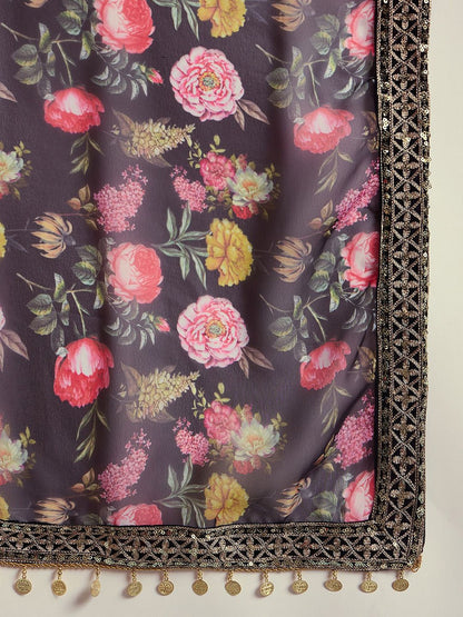 Dhiyona KL Floral Embroidered Sequinned Kurta With Sharara & Dupatta