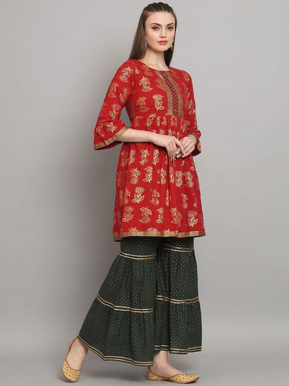 Dhiyona AN Maroon Floral Printed Zari A-Line Kurti With Sharara