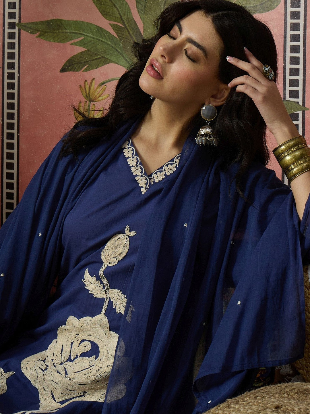 Embroidered V-Neck Kurta Trousers & Dupatta
