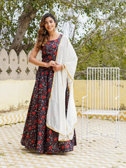 Black Floral Printed Ready to Wear Cotton Lehenga Choli With Dupatta