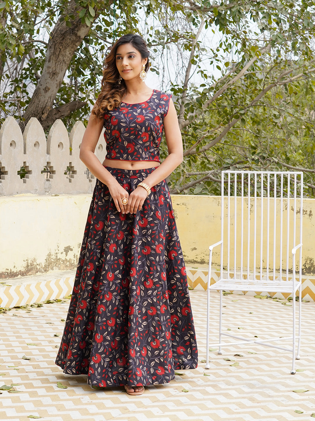 Black Floral Printed Ready to Wear Cotton Lehenga Choli With Dupatta