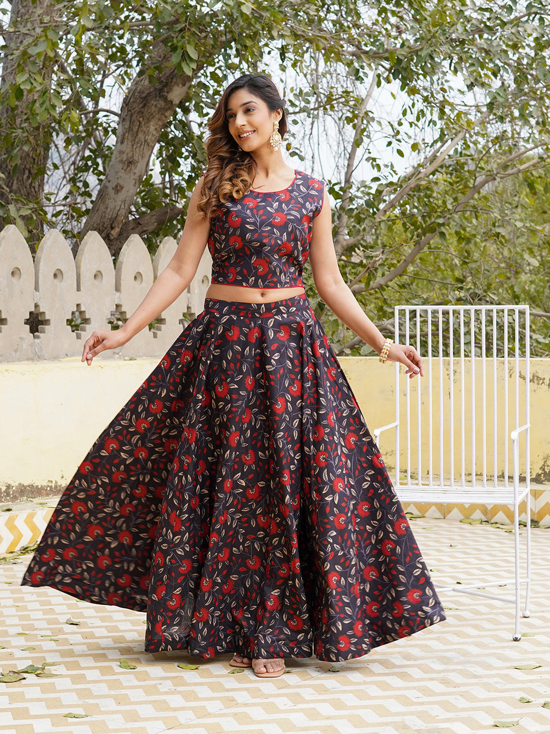 Black Floral Printed Ready to Wear Cotton Lehenga Choli With Dupatta