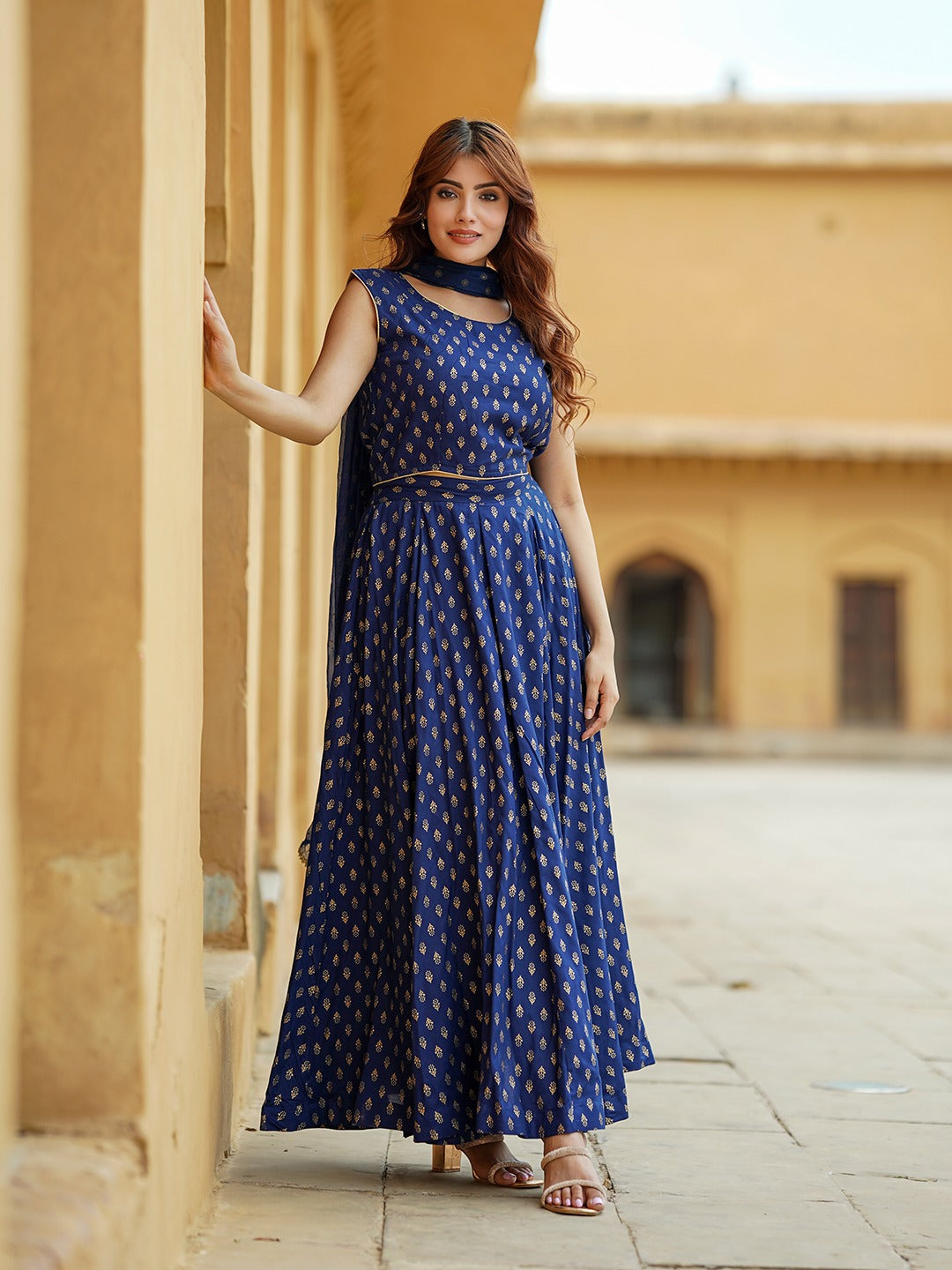 Blue Gold Print Lehenga Choli With Dupatta