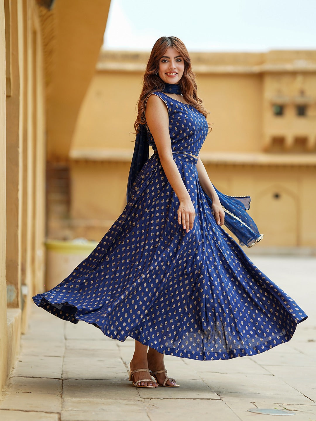 Blue Gold Print Lehenga Choli With Dupatta