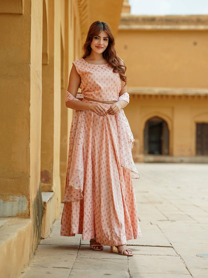 Cream Gold Print Lehenga Choli With Dupatta