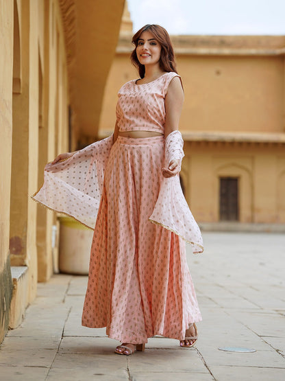 Cream Gold Print Lehenga Choli With Dupatta