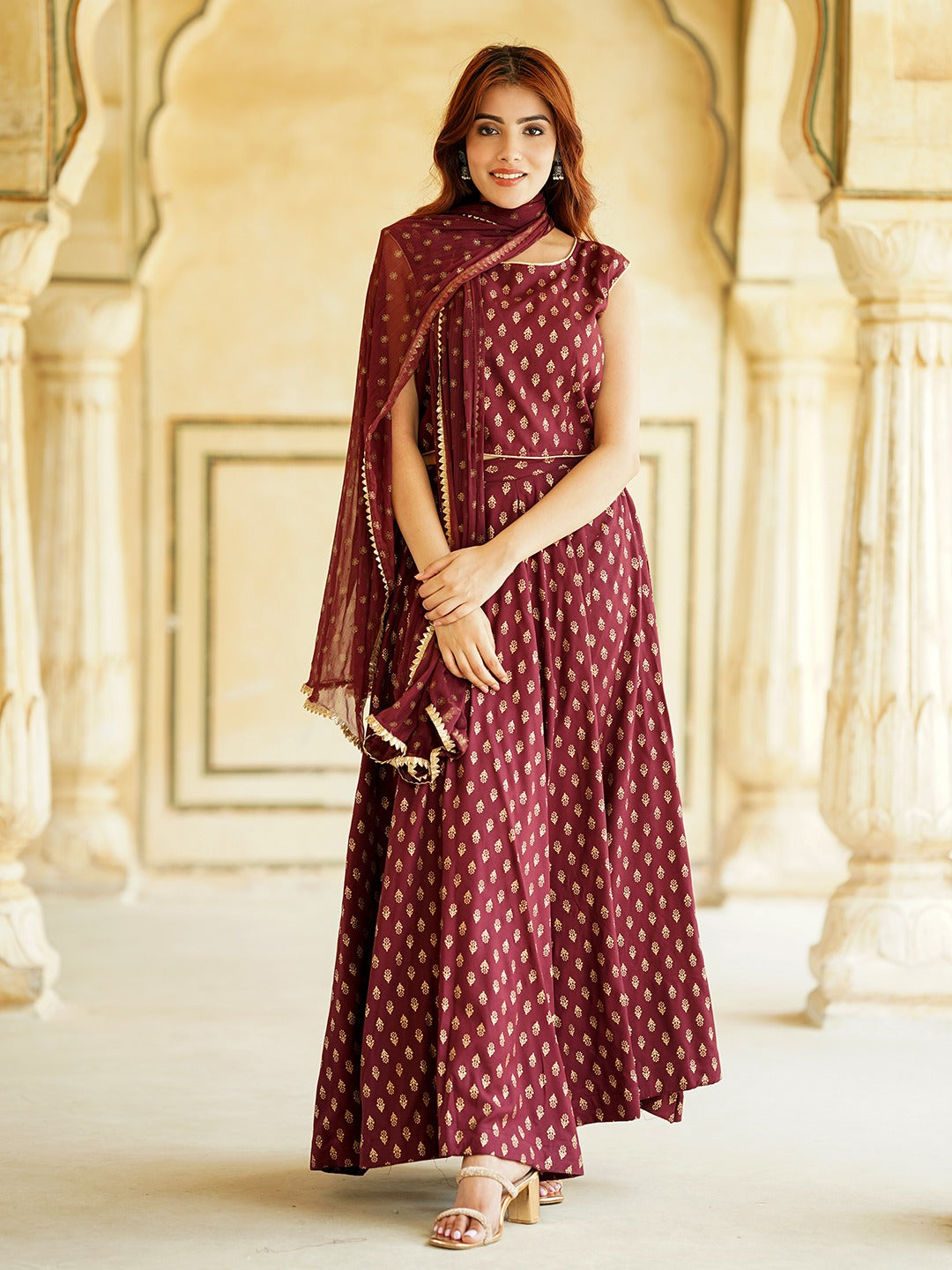 Maroon Gold Print Lehenga Choli With Dupatta