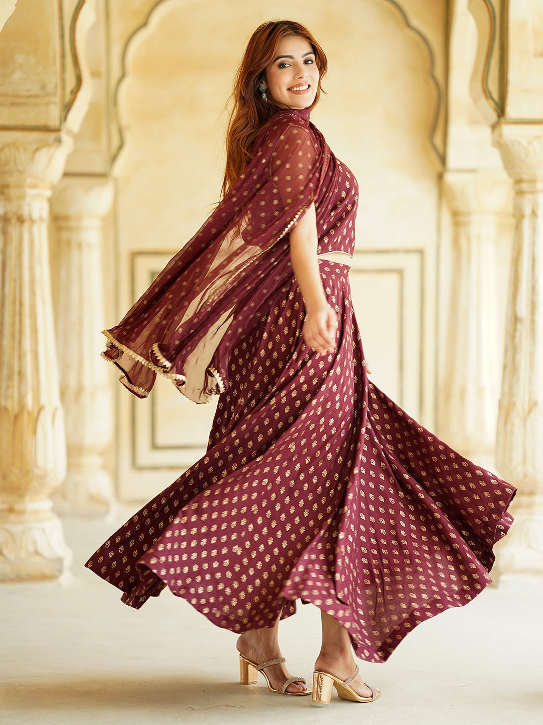 Maroon Gold Print Lehenga Choli With Dupatta