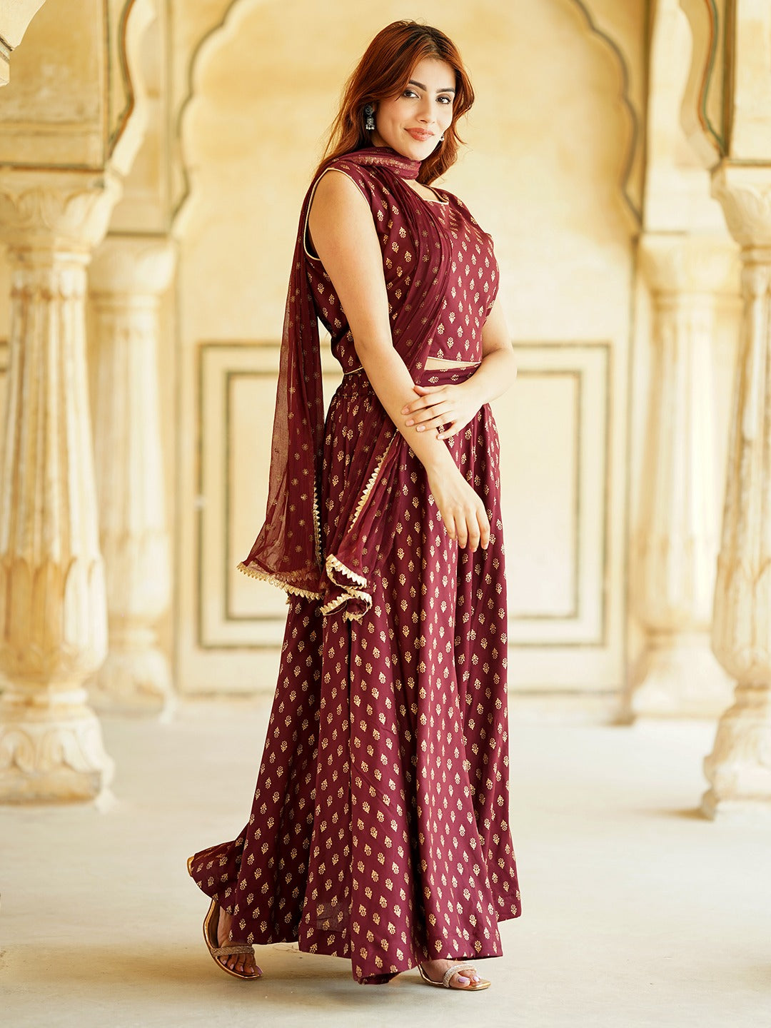 Maroon Gold Print Lehenga Choli With Dupatta