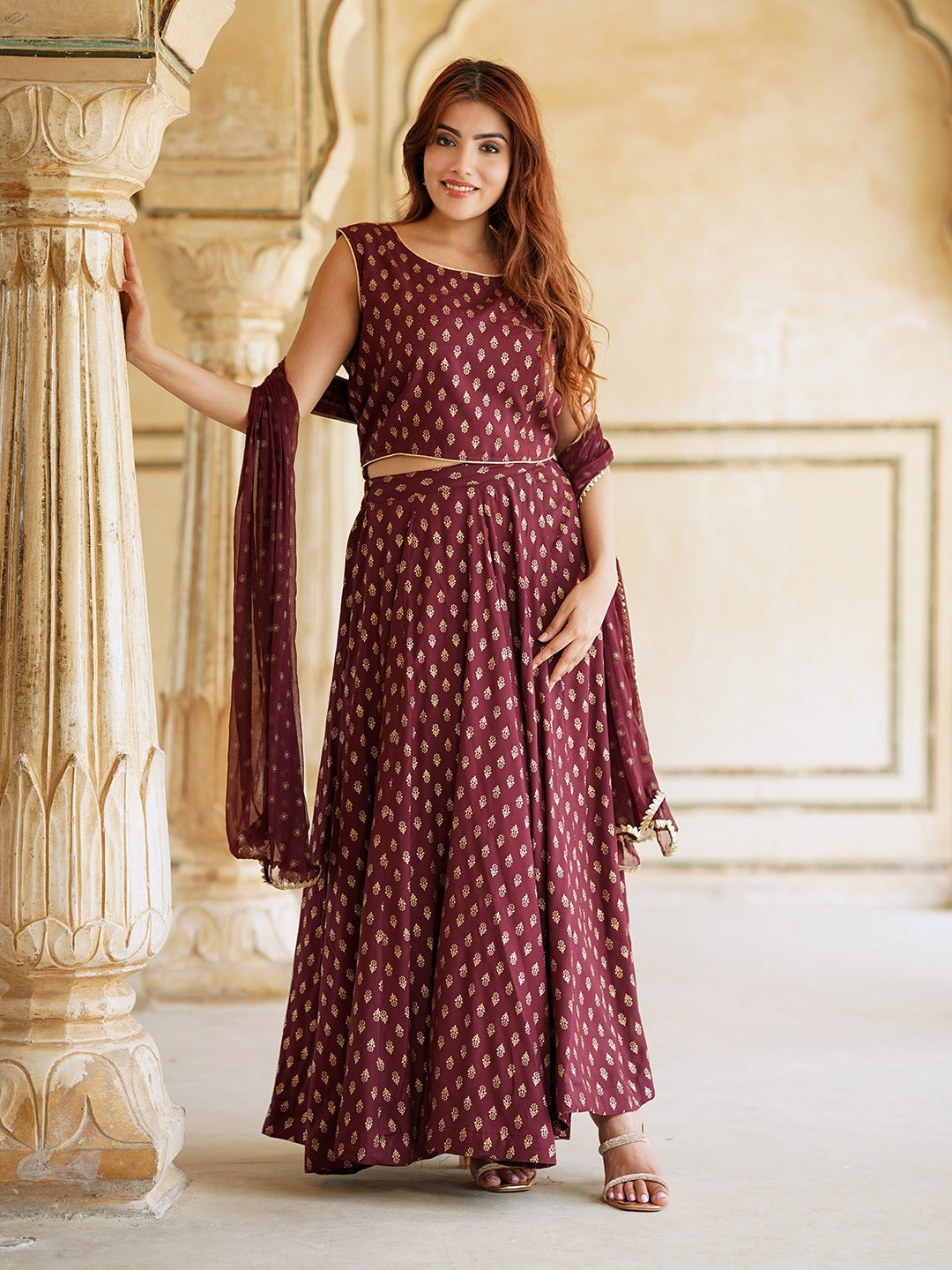 Maroon Gold Print Lehenga Choli With Dupatta