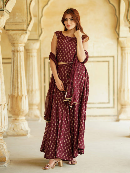 Maroon Gold Print Lehenga Choli With Dupatta