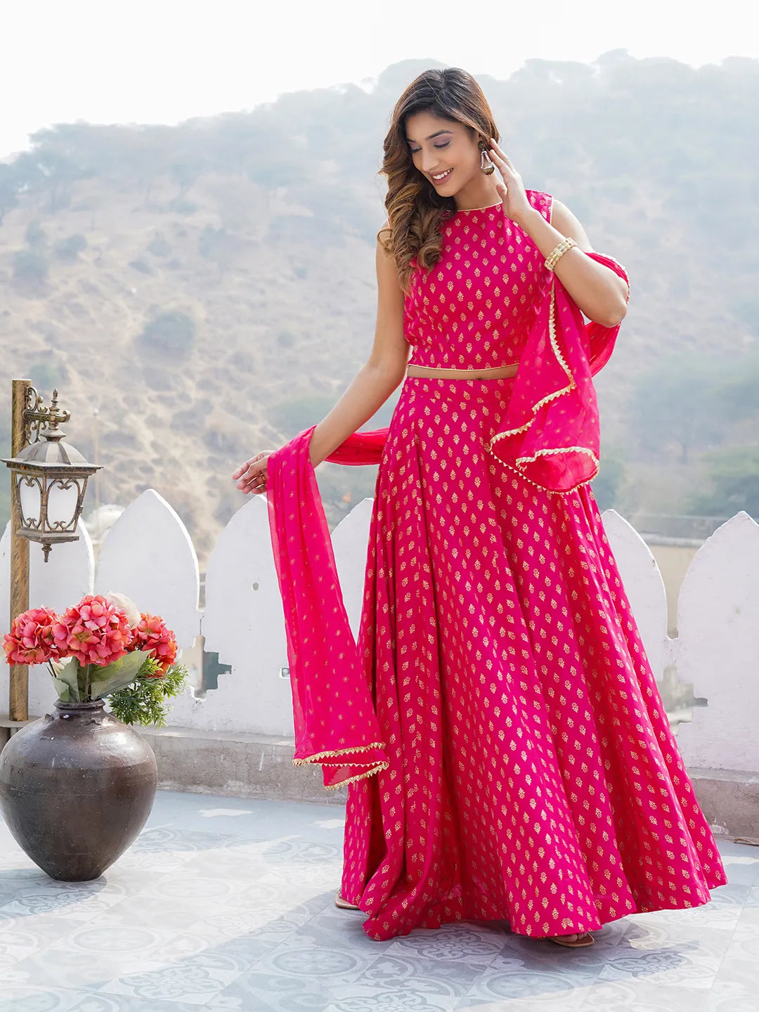 Women Pink Printed Cholis Kurta Lehenga and Dupatta Set