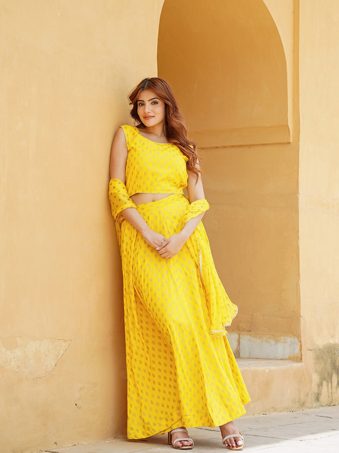 Yellow Gold Print Lehenga Choli With Dupatta