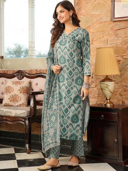 Dhiyona KL Ethnic Motifs Printed V-Neck Straight Kurta With Trousers & Dupatta