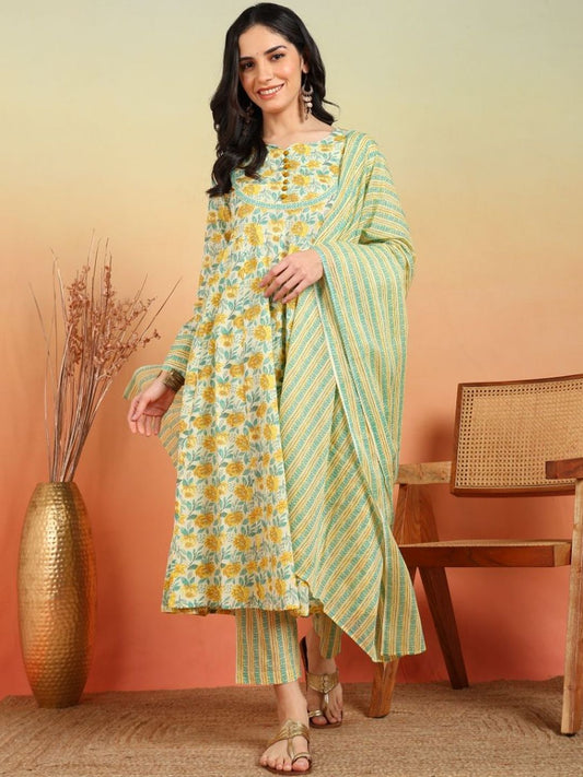 Dhiyona KL Floral Printed Pure Cotton Kurta With Trousers & Dupatta