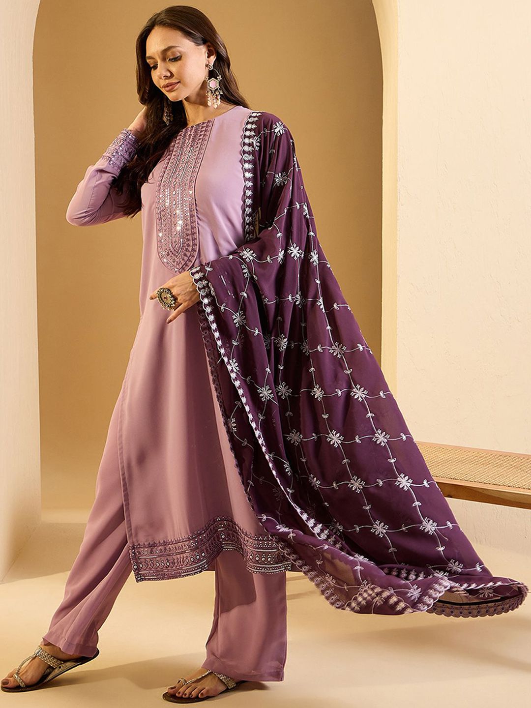 Dhiyona IN Ethnic Motifs Yoke Design Sequinned Straight Kurta With Palazzos & Dupatta
