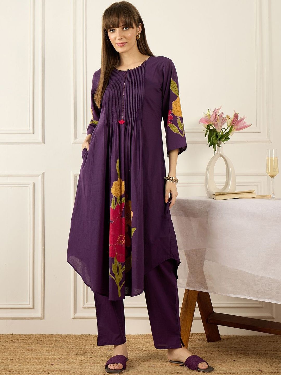 Dhiyona IE Printed Round Neck Three-Quarter Sleeves Pure Cotton Tunic And Trousers