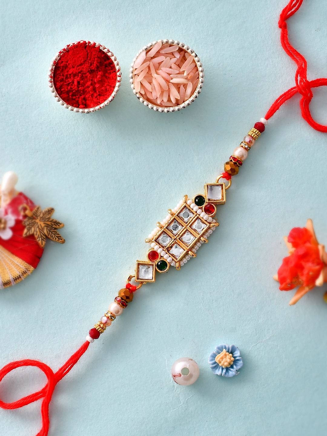 Dhiyona Red Mirror & Pearl-Beaded Rakhi With Roli Chawal & Greeting Card