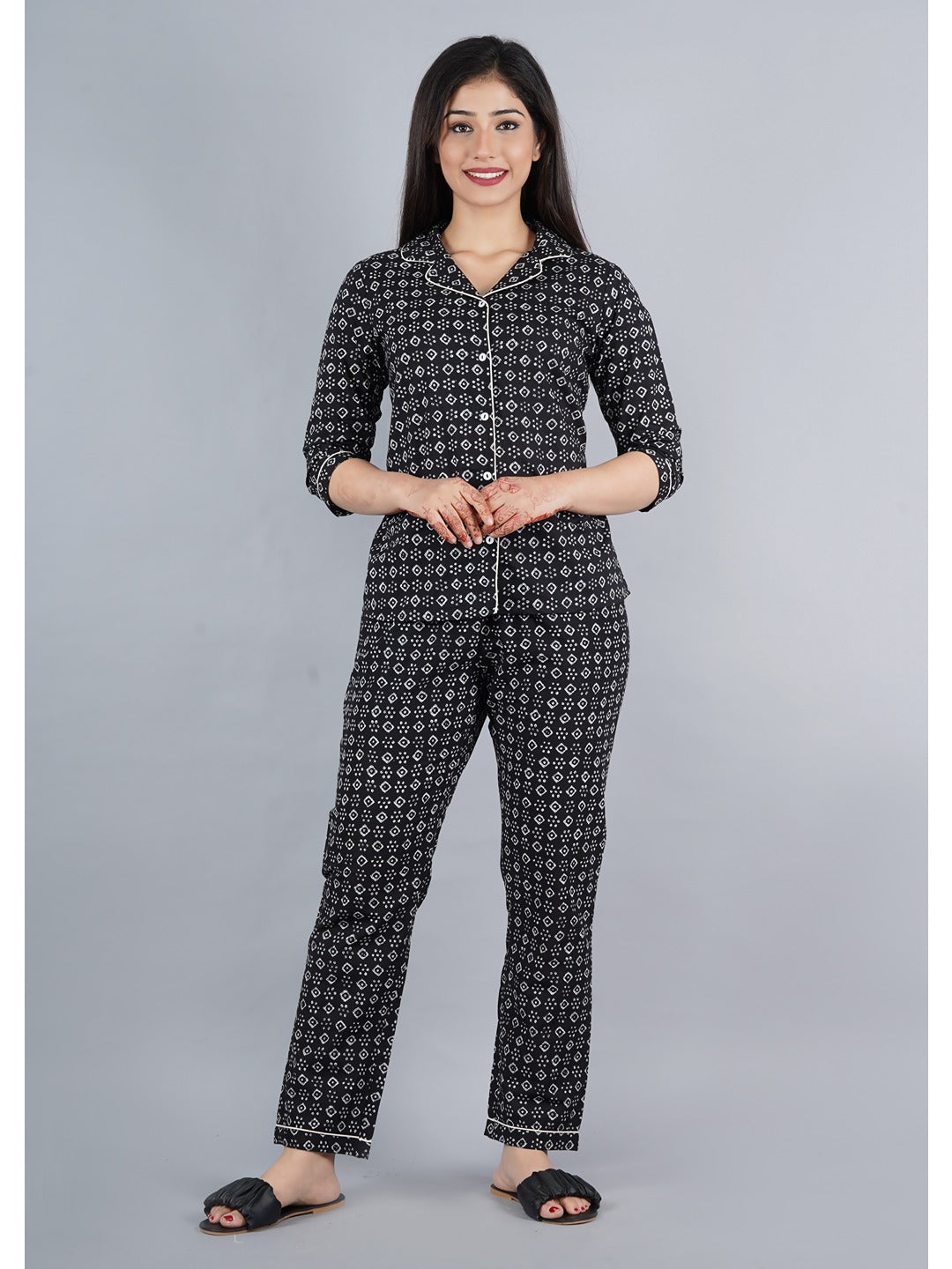 Black Abstract Shirt And Pyjama Night Suit