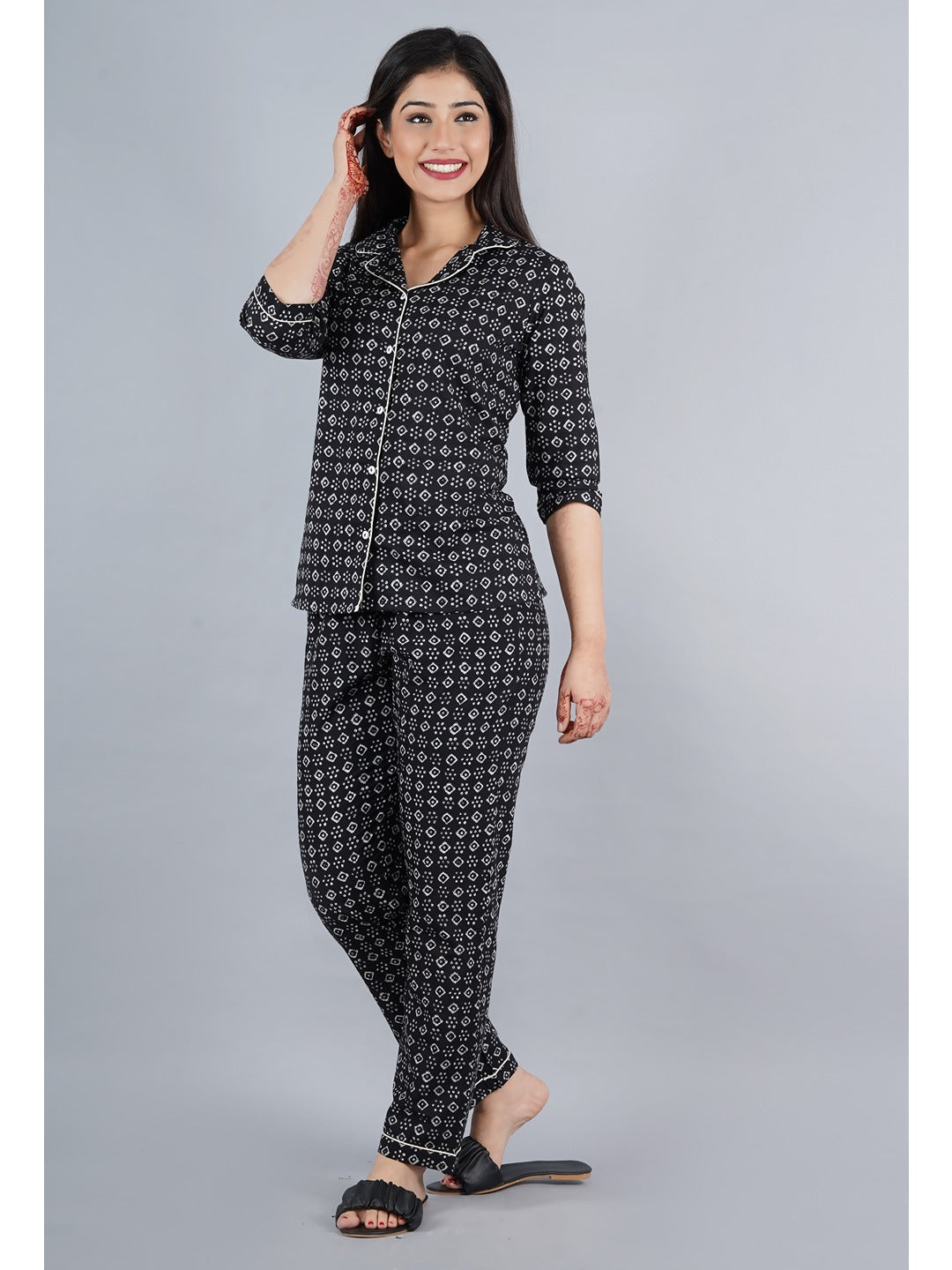 Black Abstract Shirt And Pyjama Night Suit