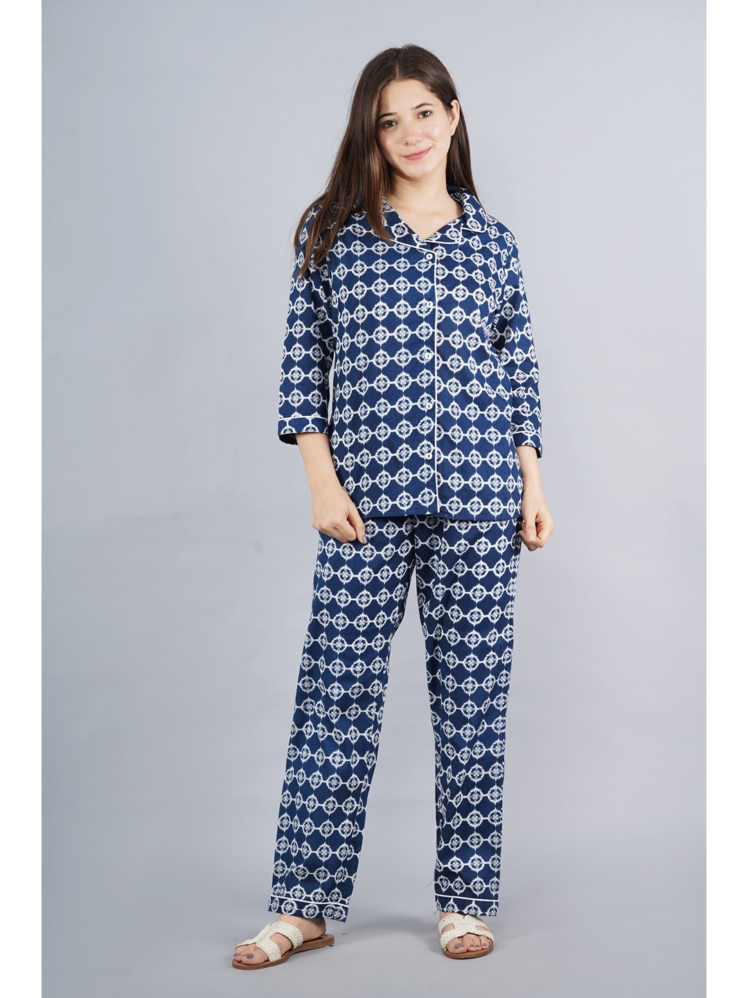 Blue Abstract Shirt And Pyjama Night Suit