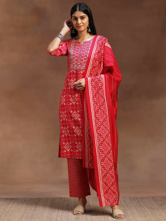 Women's LB Pink Printed Silk Blend Straight Suit With Dupatta