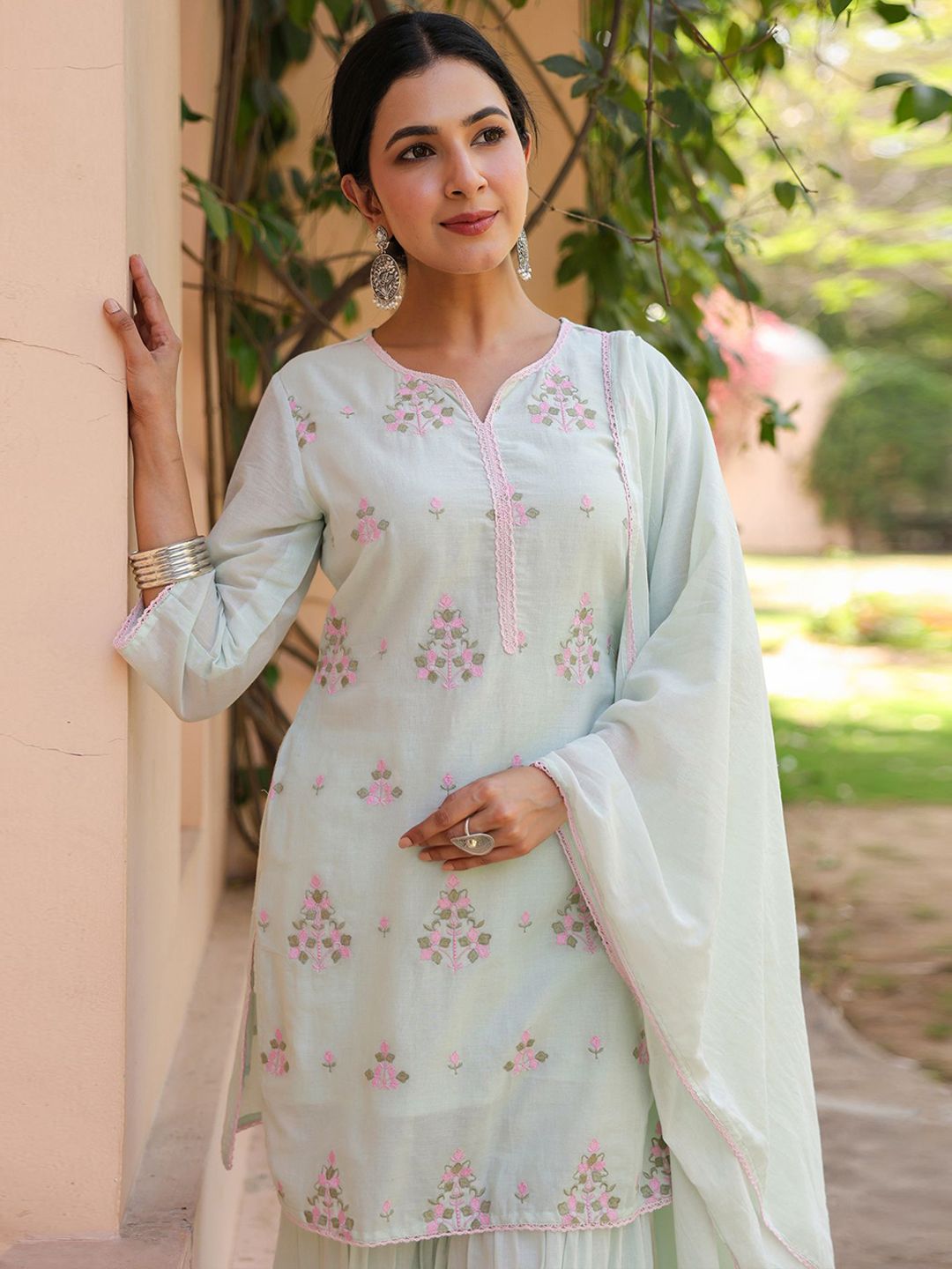 Dhiyona SC Women Solid Embroidered Cotton Kurti with Sharara & Dupatta