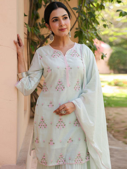 Dhiyona SC Women Solid Embroidered Cotton Kurti with Sharara & Dupatta