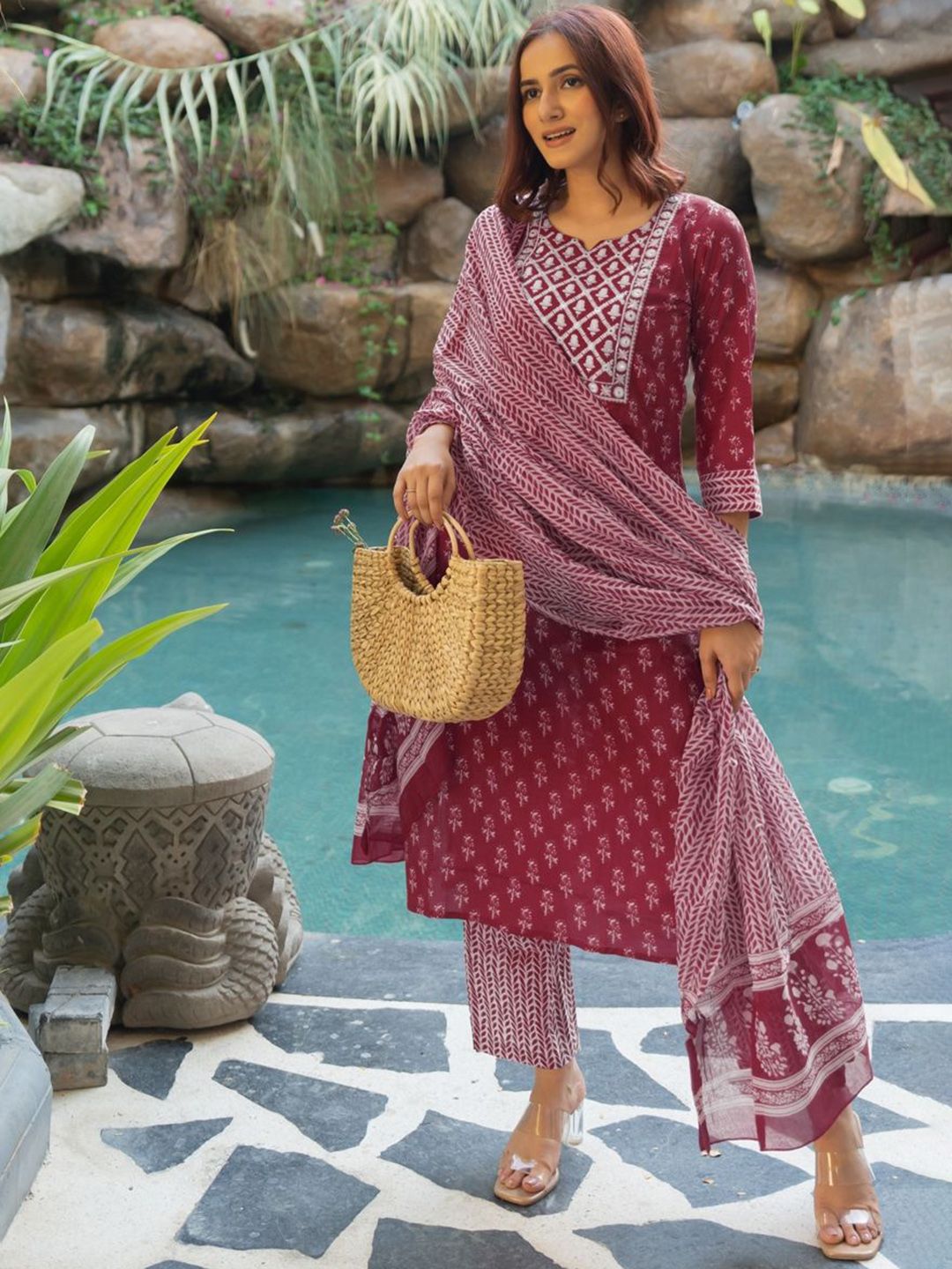 Dhiyona KL Women Paisley Printed Regular Mirror Work Pure Cotton Kurta with Trousers & Dupatta
