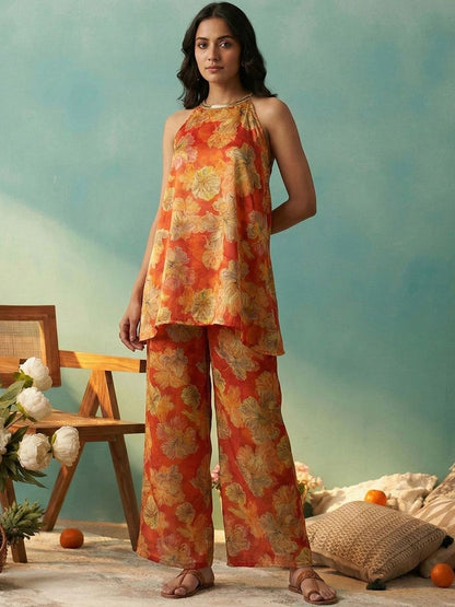 Dhiyona CH Women Floral Printed Regular Sequinned Top with Palazzos