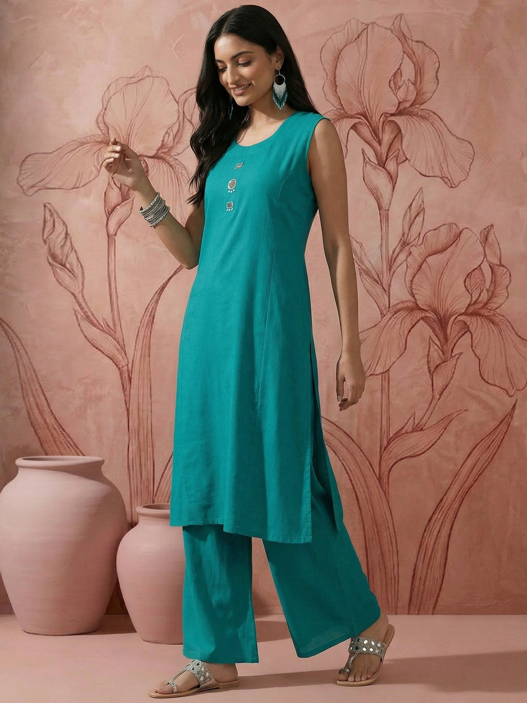 Dhiyona SN Regular Mirror Work Pure Cotton Kurta with Palazzos