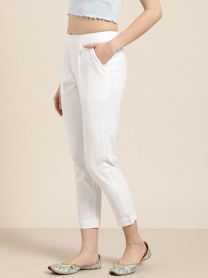 White Relaxed Mid-Rise Slim Fit Cotton Cigarette Trousers