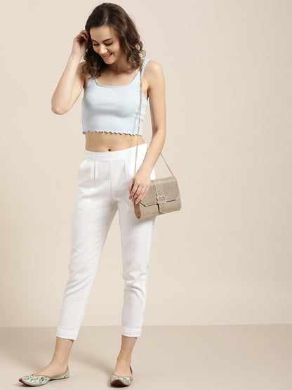 White Relaxed Mid-Rise Slim Fit Cotton Cigarette Trousers