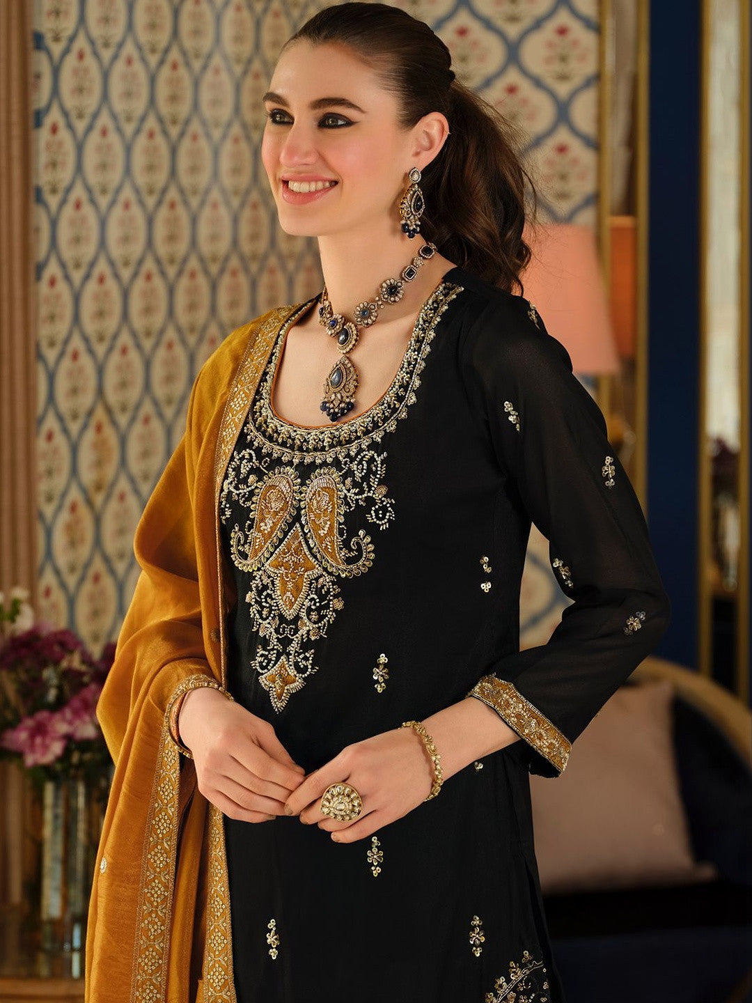 Black Embroidered Straight Kurta Palazzos Dupatta Set