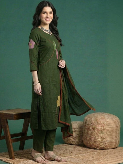 Embroidered Cotton Round Neck Kurta & Trousers With Dupatta