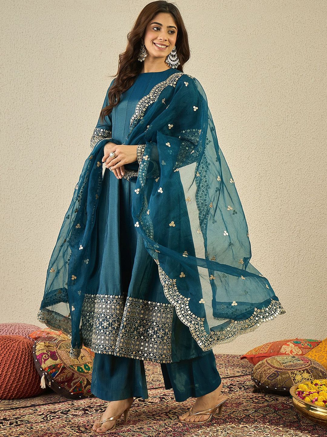 Dhiyona IN Women Ethnic Motifs Embroidered Kurta with Palazzo & Dupatta